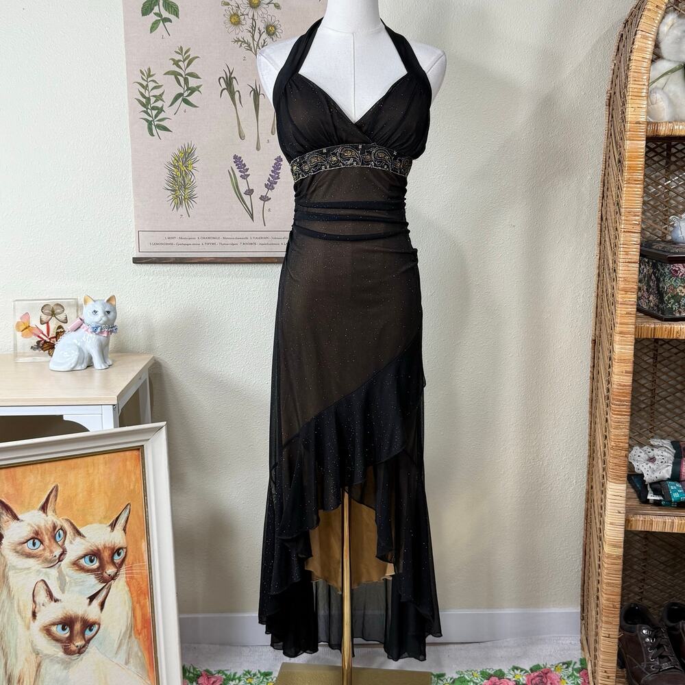 90s Y2k Glitter Mesh Ruffle Formal Halter Dress Fairy Romantic Goth Whimsigoth S